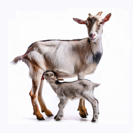 Goat and baby goatling isolated on white background, clipping path includedbreastfeeding, foal, agriculture, farm, baby, nature, countrysideの素材