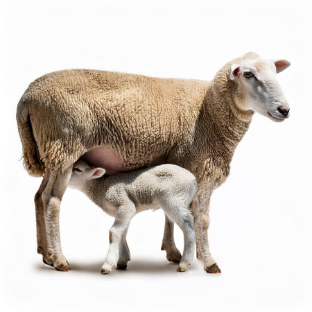 Sheep and lamb on a white background. Isolated image.breastfeeding, foal, agriculture, farm, baby, nature, countrysideの素材