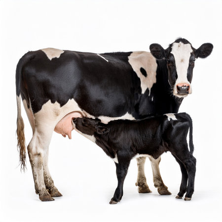 Black and white cow with calf isolated on white background. Studio shot.breastfeeding, foal, agriculture, farm, baby, nature, countrysideの素材