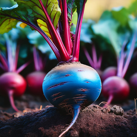 Beetroot with earth globe in the garden. Concept of healthy food.Blue beet, realistic image, stunning image, standout.の素材