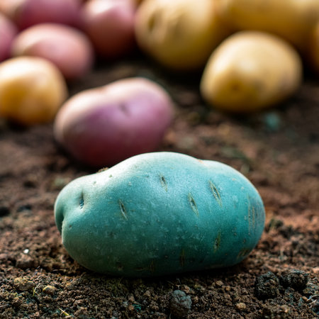 Potatoes on the ground. Selective focus. Toned.
Blue potato, hyper-realistic image, stunning image, standoutの素材