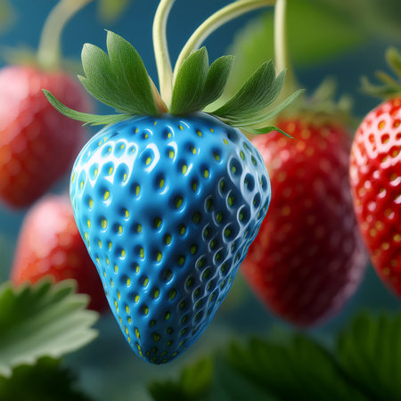 Strawberry close-up on a blue background. 3d renderingblue strawberry, hyper-realistic image, stunning image, standoutの素材