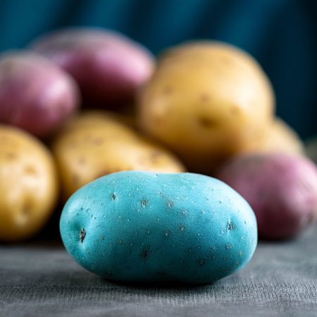 Potatoes on a grey background, selective focus, toned image,Blue potato, hyper-realistic image, stunning image, standoutの素材