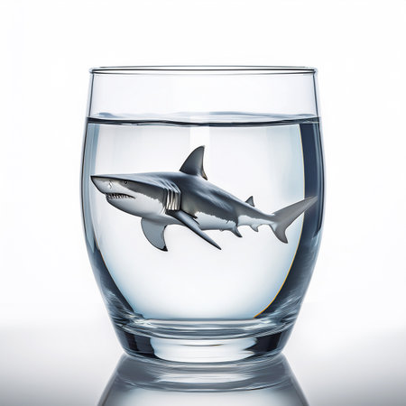 Shark in a glass of water on a white background. 3d illustrationの素材