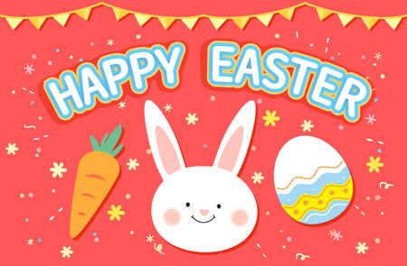 Happy Easter greeting card with cute bunny, carrot and eggs. Vector illustration.のイラスト素材