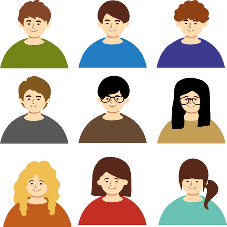 person user with deferent hair color WOMAN MAN people faces head WORK STUDENT icons SETのイラスト素材
