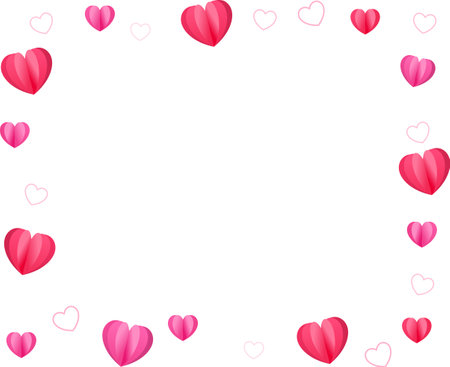Romantic love background with long horizontal border made of beautiful falling PINK paper hearts isolated on transparent background. Happy Valentine's Day or MOther's Day illustraのイラスト素材