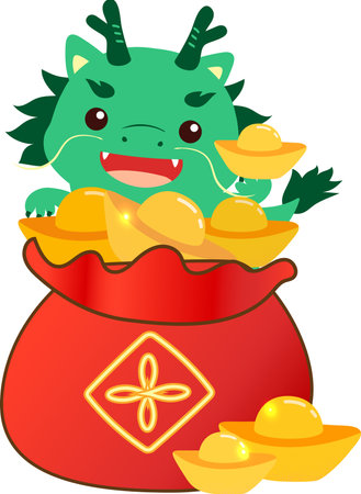 Illustration of a Green Dragon in a pot full of gold coinsの写真素材