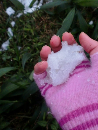 Hands of a child in pink gloves holding a piece of snow
