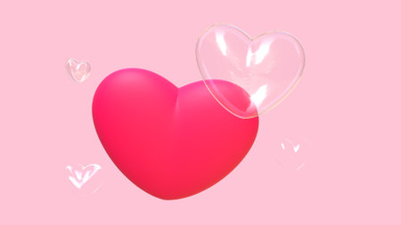 Red heart on a pink background. Valentines Day. 3D rendering LOVE SHAPE 3d render Beautiful shiny pink soap bubbles . Gradient LOVE day on pink backgroundの写真素材