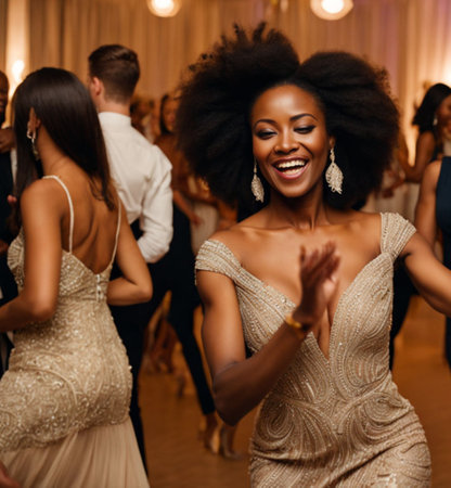 Beautiful african american woman dancing with her friends at a wedding partyの素材