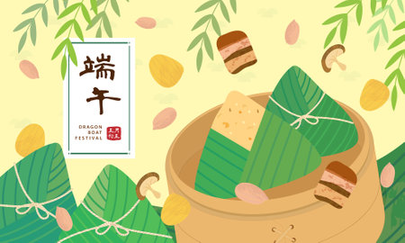 dumplings, chinese, rice, dragon boat festival, duanwu, traditional, bamboo leaves, vector, illustration, eating, cuisine, dragon boat, boat, designのイラスト素材