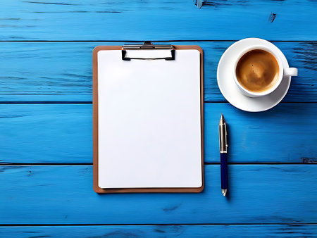 Cup of coffee with notepad and pen on blue wooden tableの素材