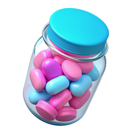 Colorful pills in glass jar isolated on white background. 3d renderの素材