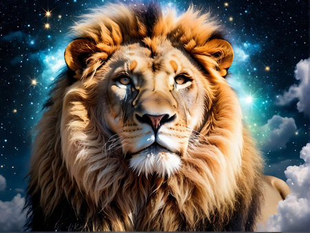 Lion male in front of the starry sky. Collage.の素材