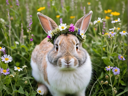 Cute rabbit with flower wreath on head in the meadowの素材