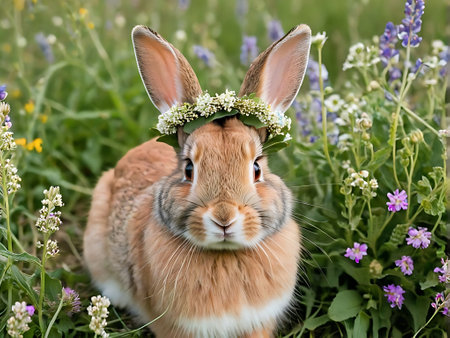 Rabbit wearing a wreath of flowers on his head in the grassの素材