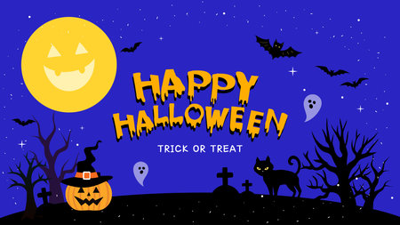 Halloweenthemed emotional illustration. Web Banner CARD BANNER with pumpkins and bats on background cute for festive holidayのイラスト素材