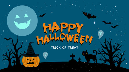 Halloweenthemed emotional illustration. Web Banner CARD BANNER with pumpkins and bats on background cute for festive holidayのイラスト素材