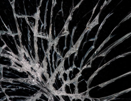 Macro of abstract broken glass. Shot against black background