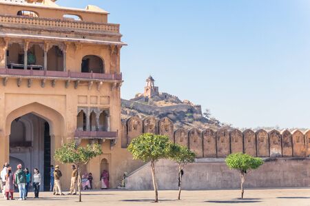 AMER, INDIA - FEB. 08, 2014 - Central square in Amber Fort and distant hillsのeditorial素材