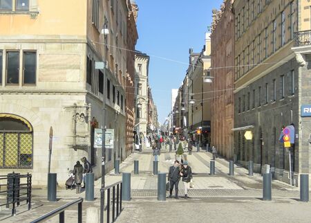 View of Drottninggatan street in spring. One of the central streets of Stockholm, full of shops and restaurants. Sunny day.のeditorial素材