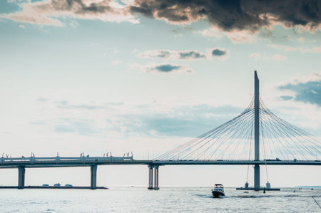 Western Speed Diameter Bridge in Saint Petersburg with Gulf of Finland panorama and dramatic clouds