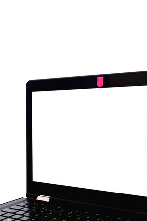 Laptop with covered webcam for security and blank screen isolated on white background.