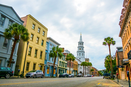 old american houses in colonial style architecture in charleston in south carolina during cloudy dayのeditorial素材