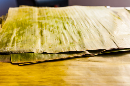 banana leaves on table waiting to be used for preparation of venezuelan hallacaの写真素材