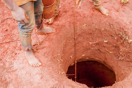 detail of bare feet african boys building water well in red african soil manually with bucket
