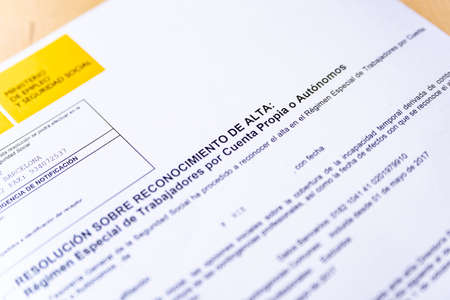Barcelona, Spain - 20 april 2020: close up of alta autonomos form for spanish tax declaration a symbol of spanish economy and freelancersのeditorial素材