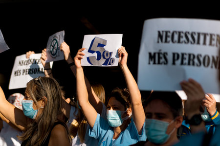 Barcelona, Spain - 20 may 2020: nurses protest during corona virus crisis, for the lack of personnel...