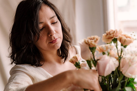 simple portrait of beautiful young woman touching floral bouquet of blooming flowers at home. authentic relaxed expression and natural look and smile. home gardeningの写真素材