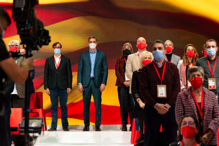 Pedro Sanchez, Spain Prime Minister, is seen together with Salvador Illa on stage during the extraordinary PSC (Catalan Socialist Party) congress in Barcelona, Spain on December 19, 2021. The extraordinary congress was held to vote for the new executive cのeditorial素材