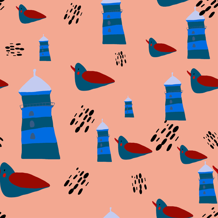Seamless pattern sealife seagull and lighthouseのイラスト素材