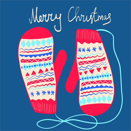 Winter mittens set in soft vintage colors. Vector illustration.Christmas greeting cardのイラスト素材