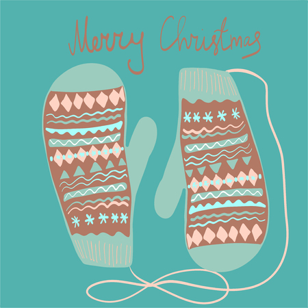 Winter mittens set in soft vintage colors. Vector illustration.Christmas greeting cardのイラスト素材