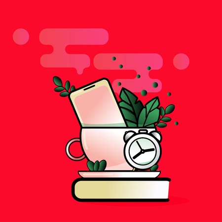 Vector modern creative flat design office work desk, clock, cup, phone etc.のイラスト素材