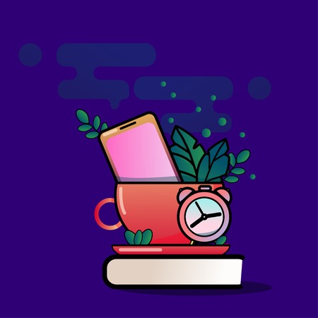 Vector modern creative flat design office work desk, clock, cup, phone etc.のイラスト素材