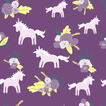 Cute magic Unicorns on a floral background. Seamless patternのイラスト素材