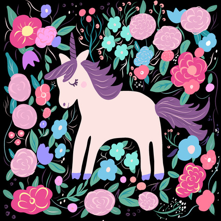 Cute magic Unicorns on a floral background. Vector  Romantic hand drawing illustrationのイラスト素材