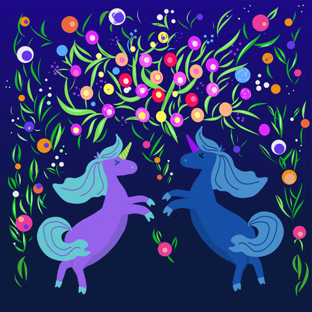 Cute magic Unicorns on a floral background. Vector  Romantic hand drawing illustrationのイラスト素材