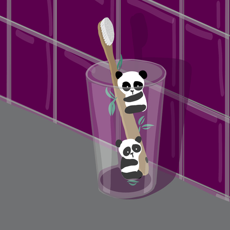 Bamboo toothbrush wih panda zero waste concept vector illustrationのイラスト素材