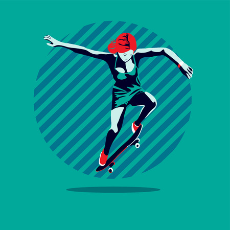 Stylish skater in jeans and sneakers. Skateboard. Vector illustration for a postcard or a poster, print for clothes. Street cultures.のイラスト素材