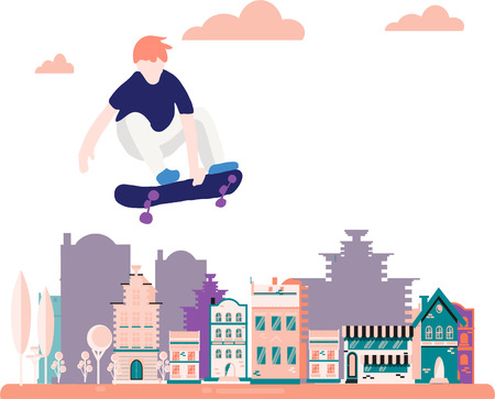 Stylish skater in jeans and sneakers. Skateboard. Vector illustration for a postcard or a poster, print for clothes. Street cultures.のイラスト素材