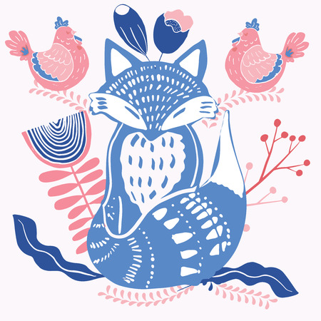 Scandinaviat folk art with fox, nordic style blockprint imitationのイラスト素材
