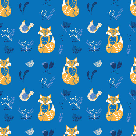 Scandinaviat folk art with fox, nordic style blockprint imitationのイラスト素材