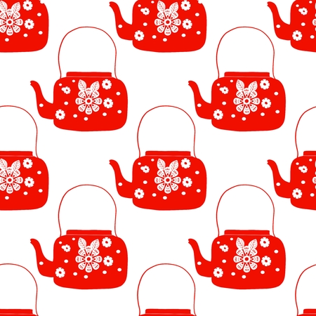 folk art tea pot with flower block print illustrationのイラスト素材