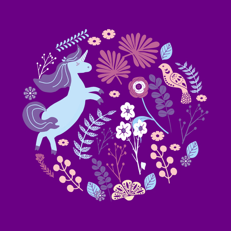 Cute magic Unicorns on a floral background. Vector  Romantic hand drawing illustrationのイラスト素材